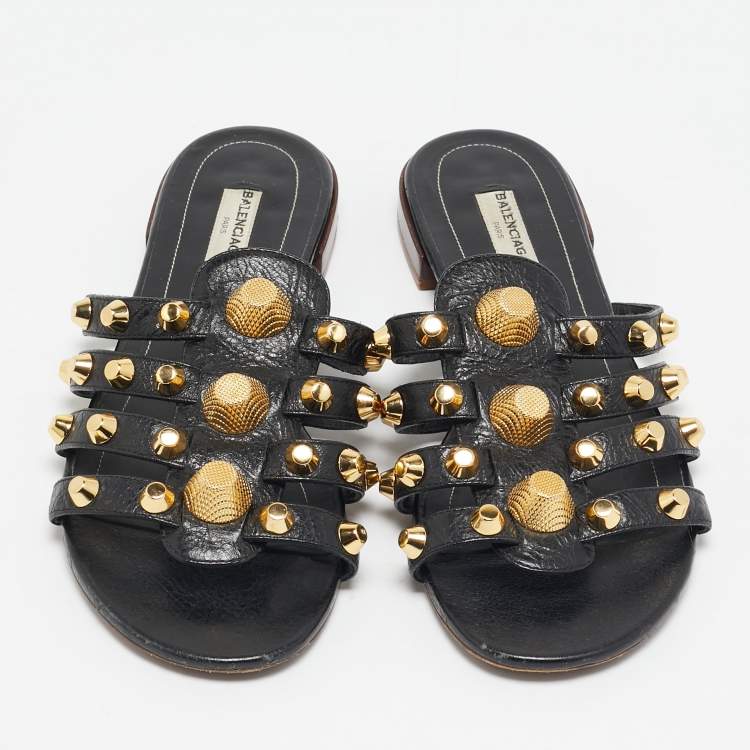 Pre Owned Balenciaga Black Leather Arena Flat Slides Size 40