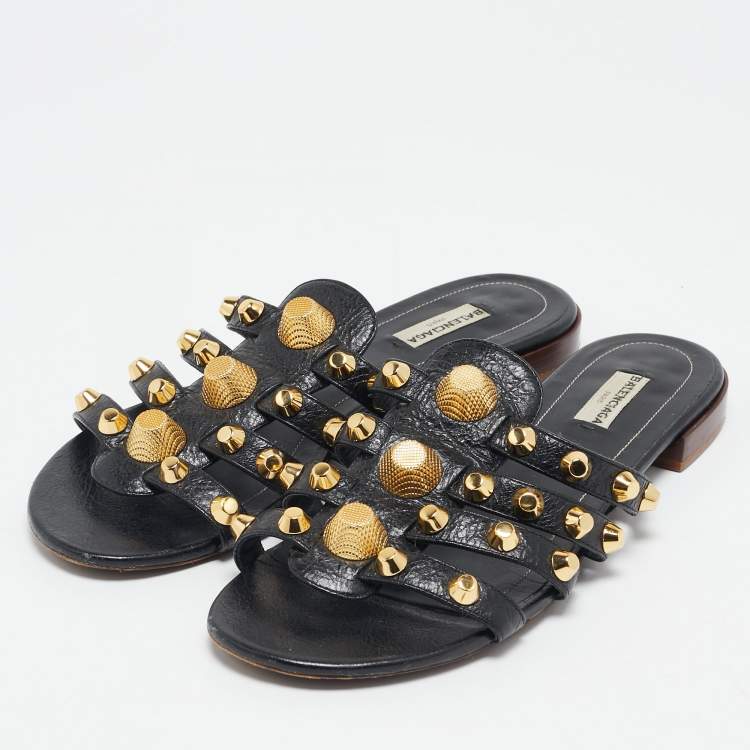 Pre Owned Balenciaga Black Leather Arena Flat Slides Size 40