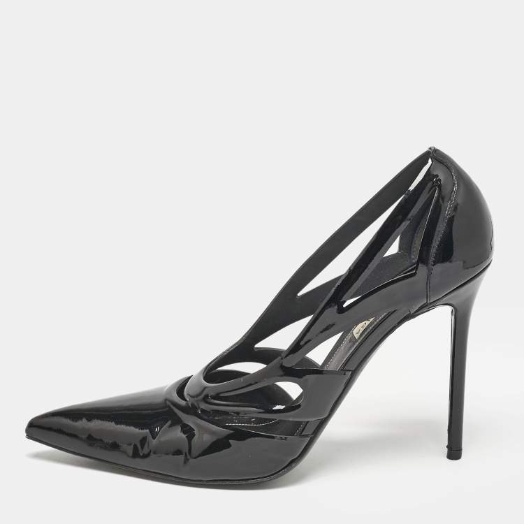 Pre Owned Balenciaga Black Patent Leather Spider Cut Out Pumps Size 38