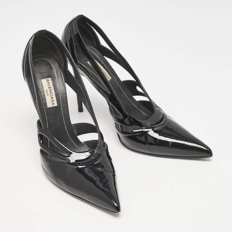 Pre Owned Balenciaga Black Patent Leather Spider Cut Out Pumps Size 38