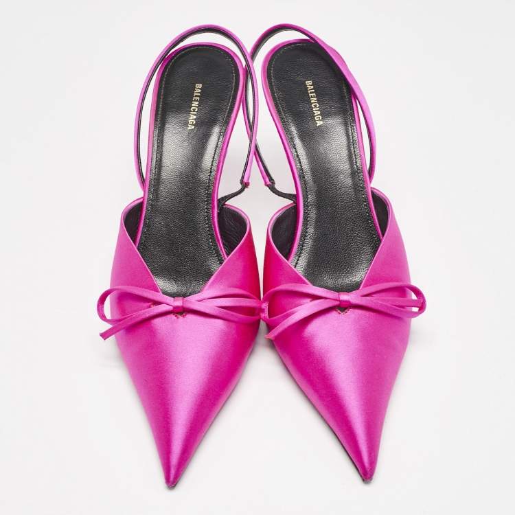 Pre Owned Balenciaga Fuchsia Satin Knife Bow Slingback Pumps Size 38