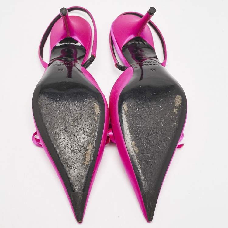 Pre Owned Balenciaga Fuchsia Satin Knife Bow Slingback Pumps Size 38