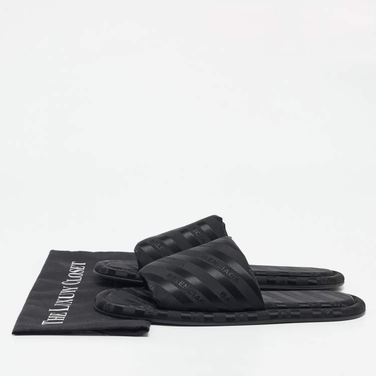 Pre Owned Balenciaga Black Nylon Logo Print Flat Slides Size 41