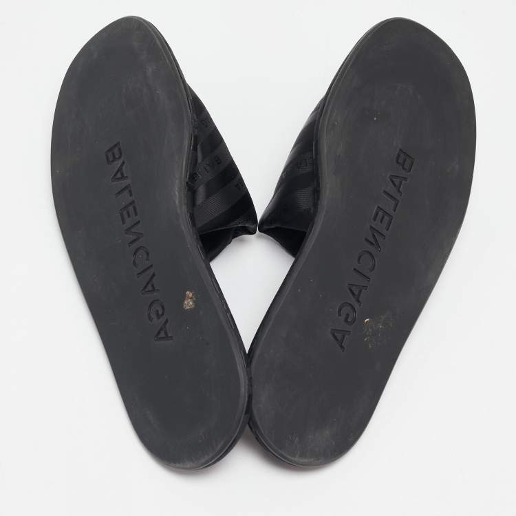 Pre Owned Balenciaga Black Nylon Logo Print Flat Slides Size 41
