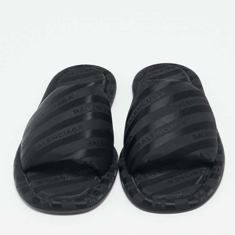 Pre Owned Balenciaga Black Nylon Logo Print Flat Slides Size 41