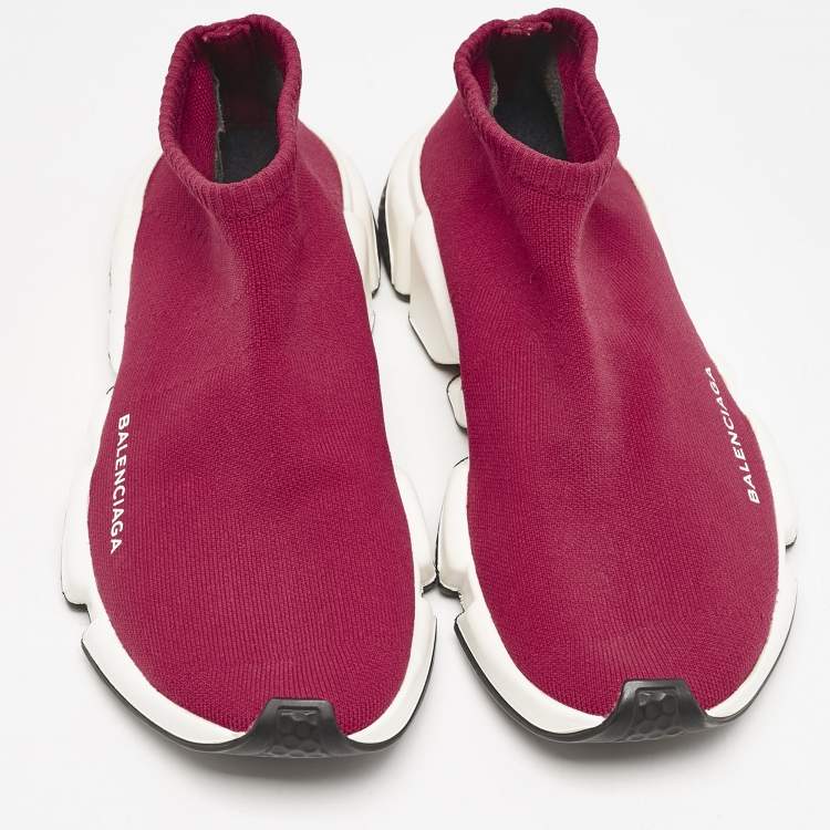 Pre Owned Balenciaga Burgundy Knit Fabric Speed Trainer Slip On Sneakers Size 39