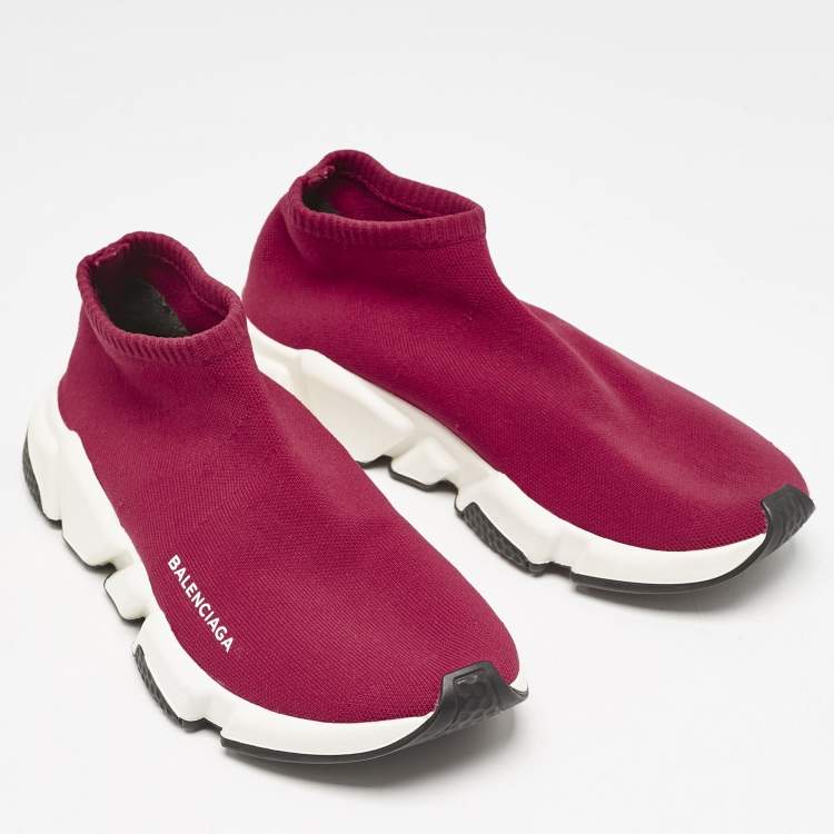 Pre Owned Balenciaga Burgundy Knit Fabric Speed Trainer Slip On Sneakers Size 39