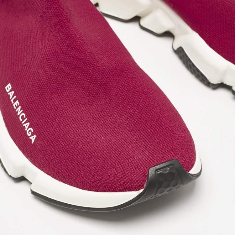 Pre Owned Balenciaga Burgundy Knit Fabric Speed Trainer Slip On Sneakers Size 39