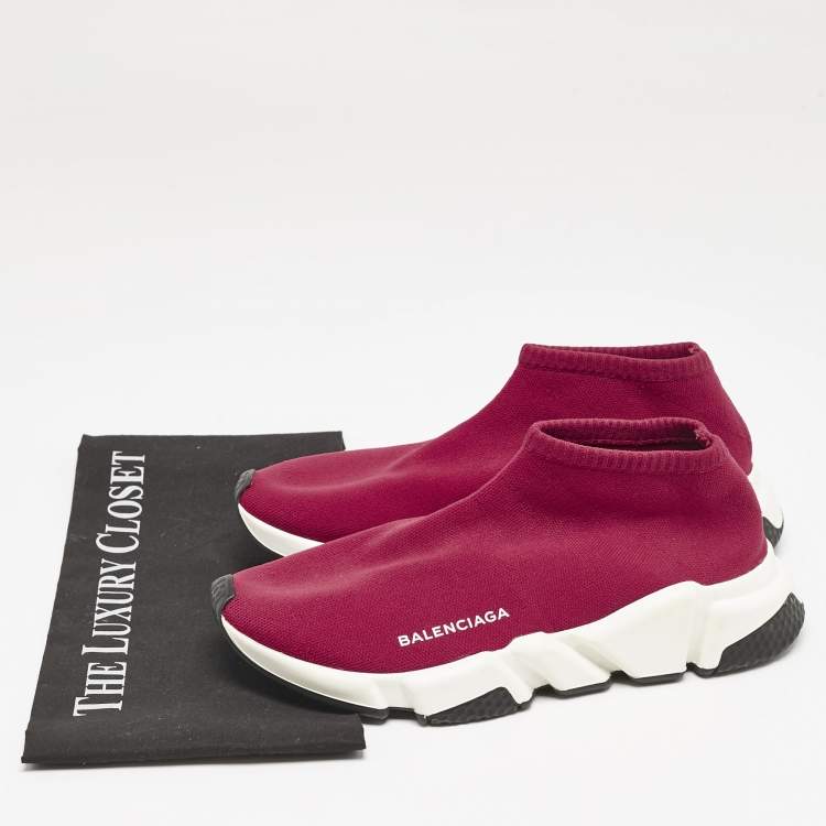 Pre Owned Balenciaga Burgundy Knit Fabric Speed Trainer Slip On Sneakers Size 39
