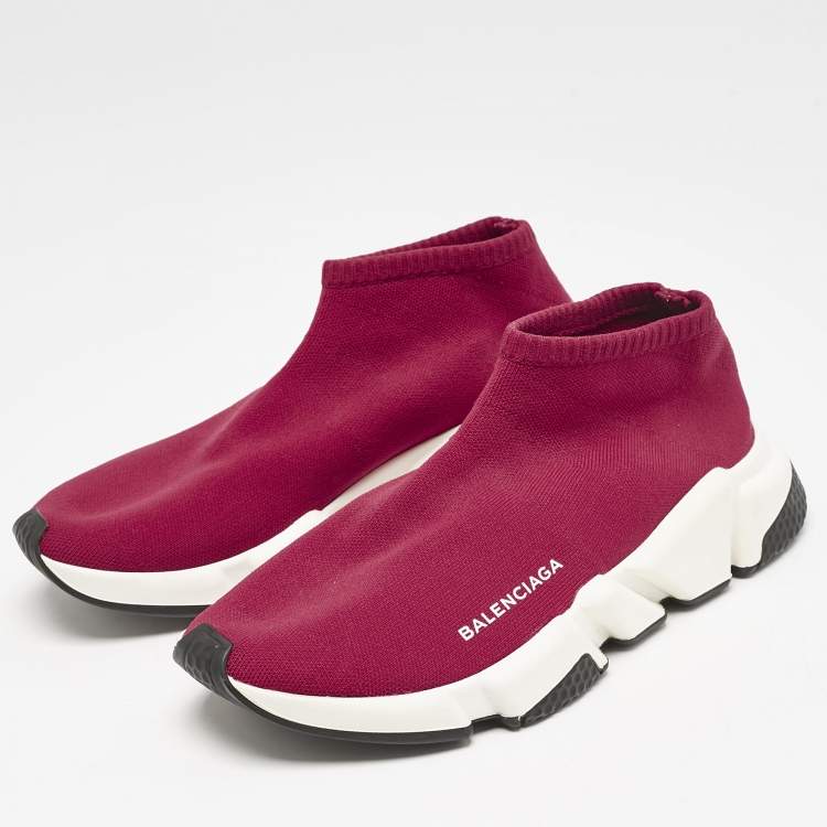 Pre Owned Balenciaga Burgundy Knit Fabric Speed Trainer Slip On Sneakers Size 39