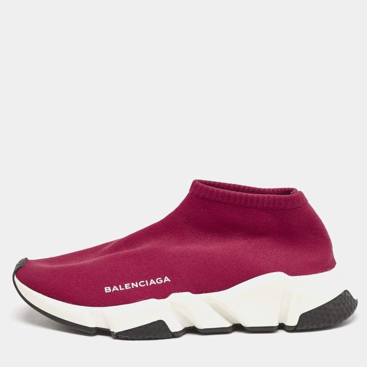 Pre Owned Balenciaga Burgundy Knit Fabric Speed Trainer Slip On Sneakers Size 39