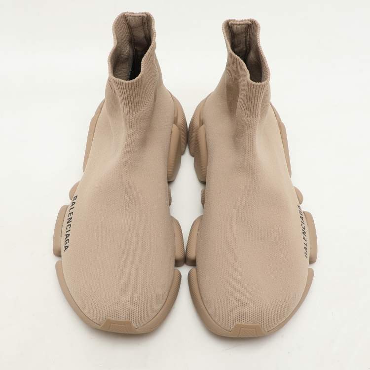 Pre Owned Balenciaga Beige Knit Fabric Speed Trainer High Top Sneakers Size 37