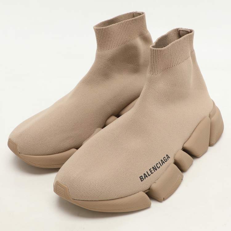 Pre Owned Balenciaga Beige Knit Fabric Speed Trainer High Top Sneakers Size 37