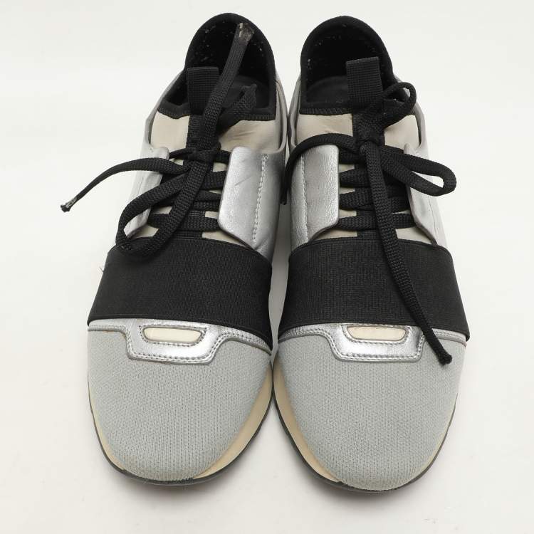 Pre Owned Balenciaga Silver Leather and Knit Fabric Race Runner Low Top Sneakers Size 39