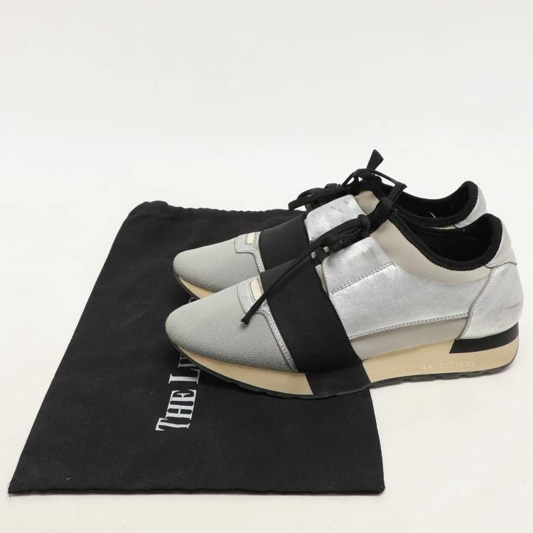 Pre Owned Balenciaga Silver Leather and Knit Fabric Race Runner Low Top Sneakers Size 39