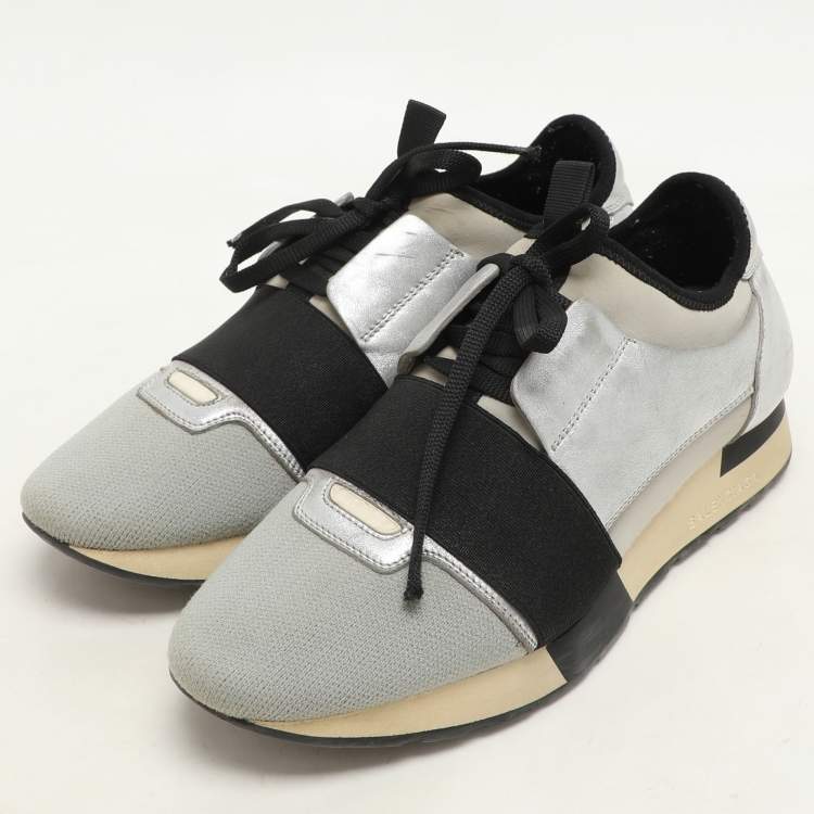 Pre Owned Balenciaga Silver Leather and Knit Fabric Race Runner Low Top Sneakers Size 39