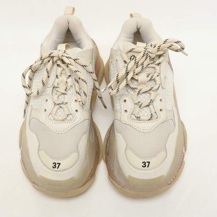 Pre Owned Balenciaga Beige Nubuck and Mesh Triple S Sneakers Size 37