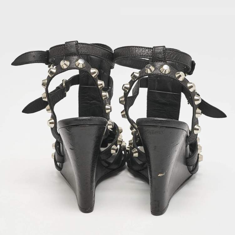 Pre Owned Balenciaga Black Leather Arena Studded Strappy Wedge Sandals Size 38