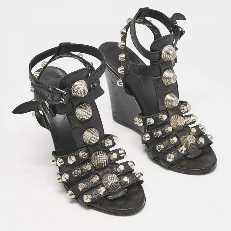 Pre Owned Balenciaga Black Leather Arena Studded Strappy Wedge Sandals Size 38
