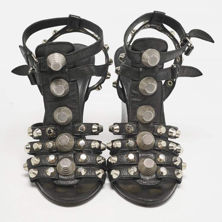 Pre Owned Balenciaga Black Leather Arena Studded Strappy Wedge Sandals Size 38