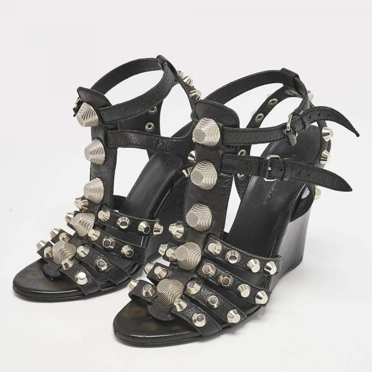Pre Owned Balenciaga Black Leather Arena Studded Strappy Wedge Sandals Size 38