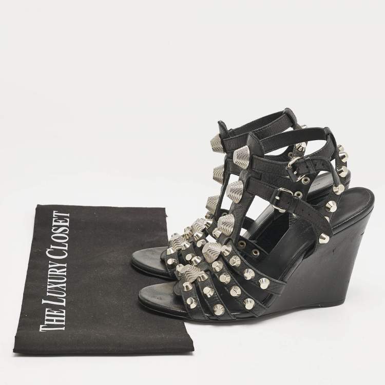 Pre Owned Balenciaga Black Leather Arena Studded Strappy Wedge Sandals Size 38