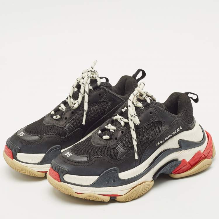 Pre Owned Balenciaga Black Leather and Mesh Triple S Sneakers Size 35
