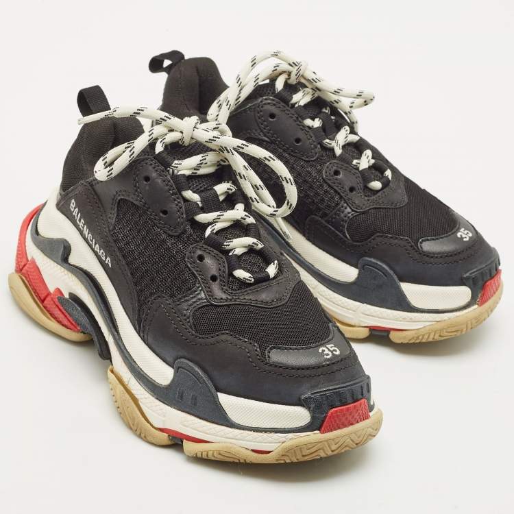 Pre Owned Balenciaga Black Leather and Mesh Triple S Sneakers Size 35