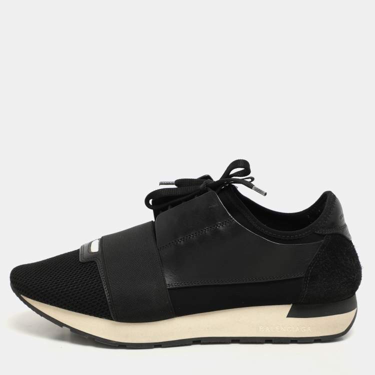 Pre Owned Balenciaga Black Mesh And Leather Race Runner Low Top Sneakers Size 41