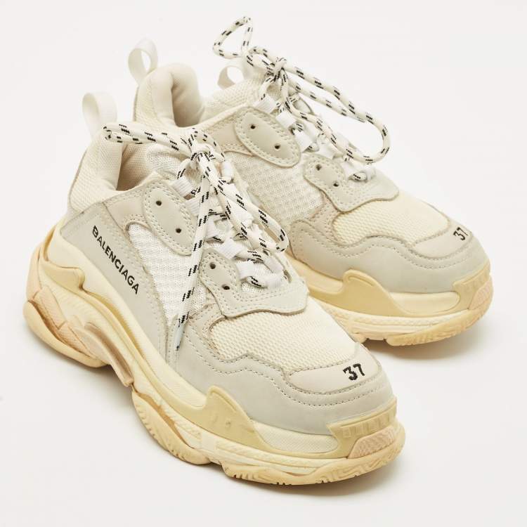 Pre Owned Balenciaga Beige Nubuck Leather and Mesh Triple S Sneakers Size 37