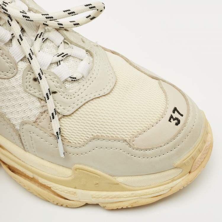 Pre Owned Balenciaga Beige Nubuck Leather and Mesh Triple S Sneakers Size 37