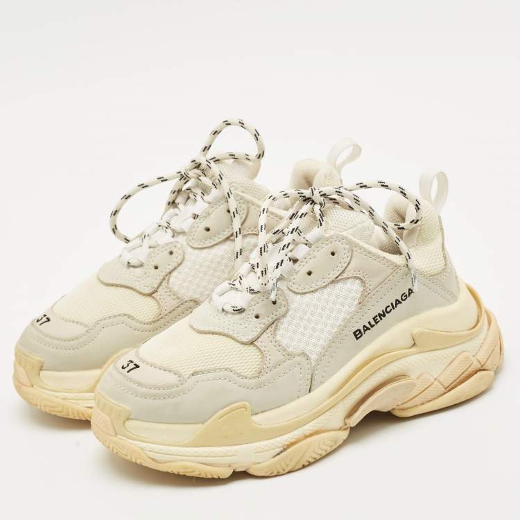 Pre Owned Balenciaga Beige Nubuck Leather and Mesh Triple S Sneakers Size 37