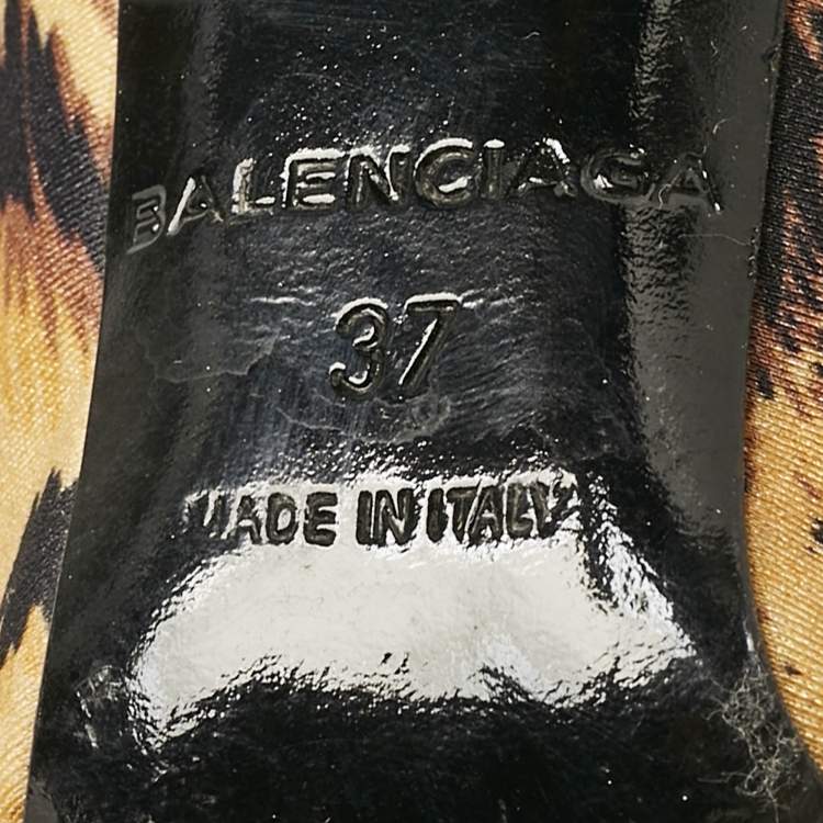 Pre Owned Balenciaga Brown/Black Animal Print Stretch Fabric Knife Ankle Length Boots Size 37