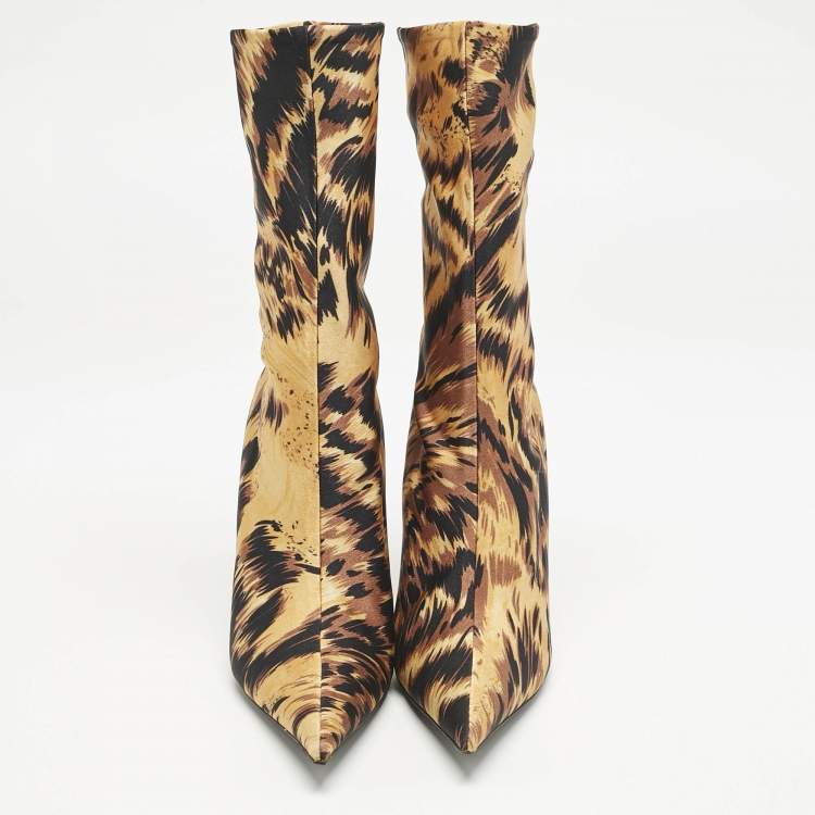 Pre Owned Balenciaga Brown/Black Animal Print Stretch Fabric Knife Ankle Length Boots Size 37