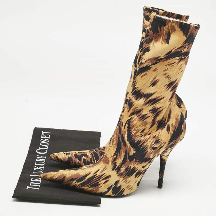 Pre Owned Balenciaga Brown/Black Animal Print Stretch Fabric Knife Ankle Length Boots Size 37
