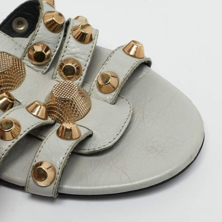 Pre Owned Balenciaga Grey Leather Studded Ankle Strap Flat Sandals Size 37