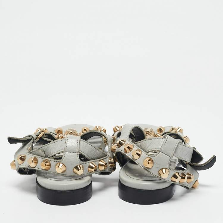 Pre Owned Balenciaga Grey Leather Studded Ankle Strap Flat Sandals Size 37