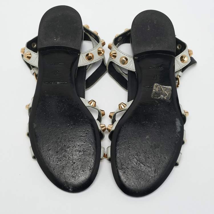 Pre Owned Balenciaga Grey Leather Studded Ankle Strap Flat Sandals Size 37