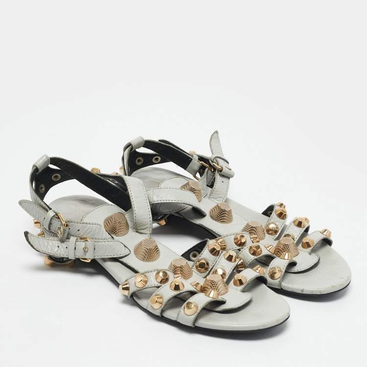 Pre Owned Balenciaga Grey Leather Studded Ankle Strap Flat Sandals Size 37