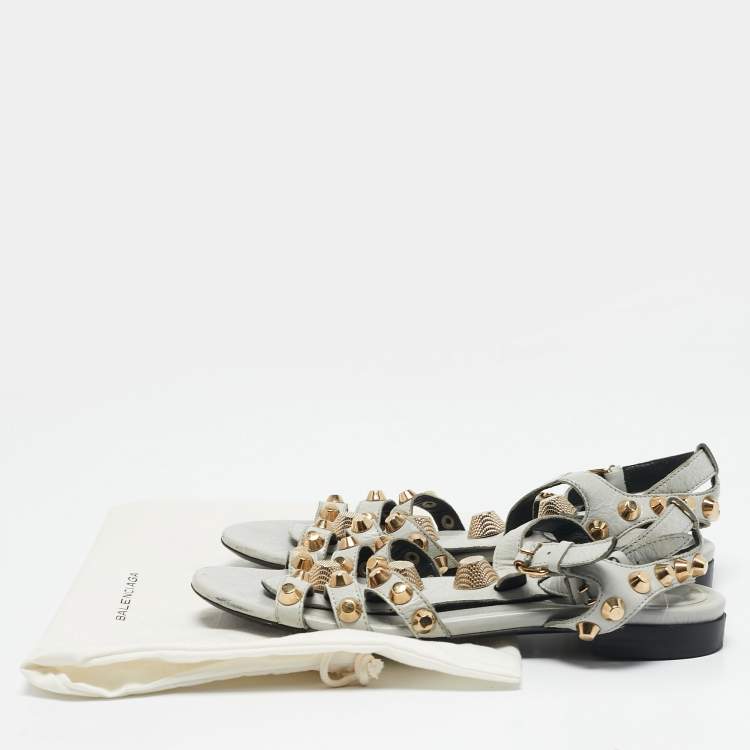 Pre Owned Balenciaga Grey Leather Studded Ankle Strap Flat Sandals Size 37