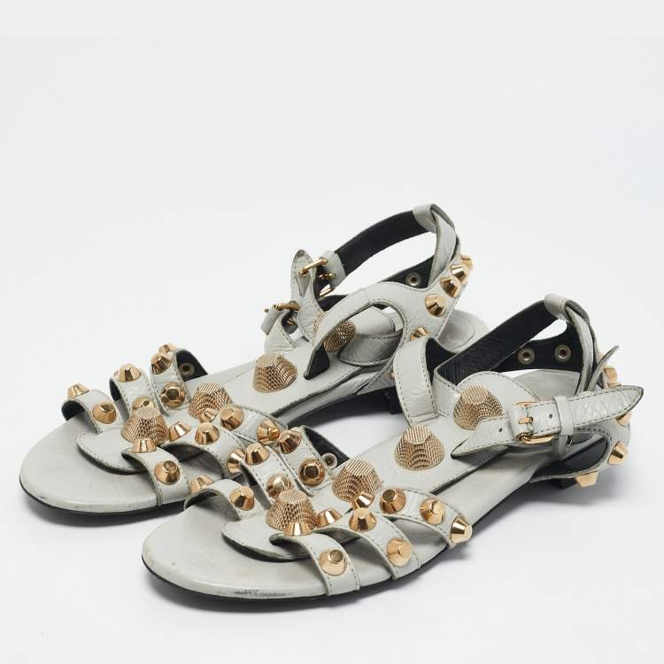 Pre Owned Balenciaga Grey Leather Studded Ankle Strap Flat Sandals Size 37