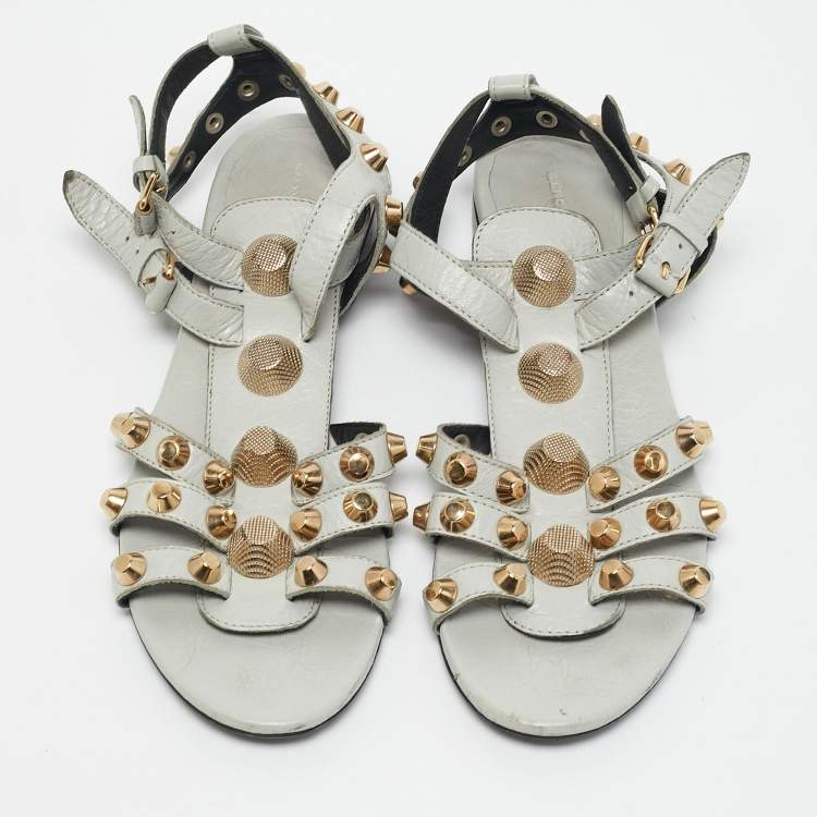 Pre Owned Balenciaga Grey Leather Studded Ankle Strap Flat Sandals Size 37