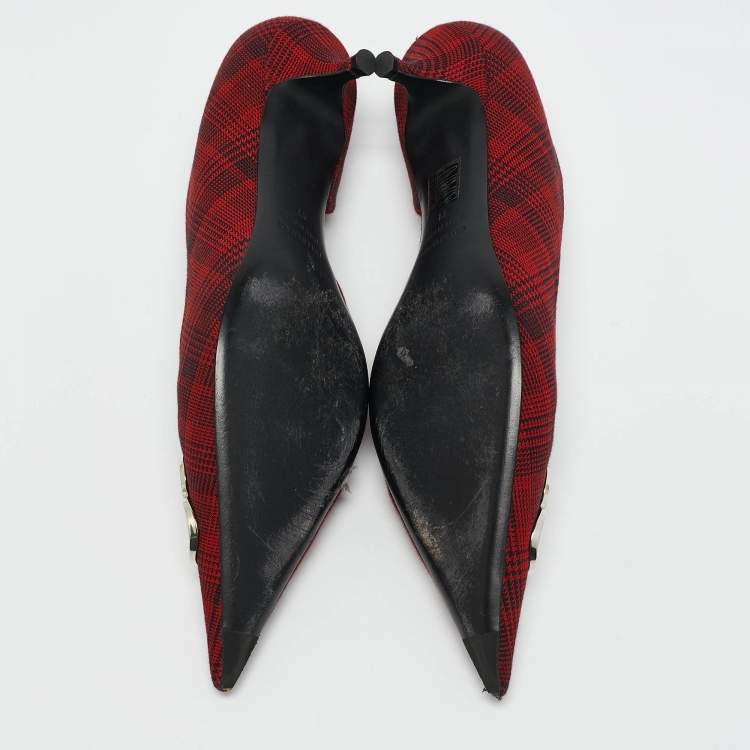 Pre Owned Balenciaga Red/Black Checked Fabric Knife Pointed Toe D'orsay Pumps Size 41