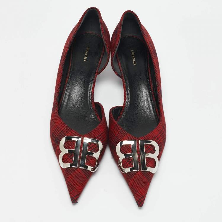 Pre Owned Balenciaga Red/Black Checked Fabric Knife Pointed Toe D'orsay Pumps Size 41
