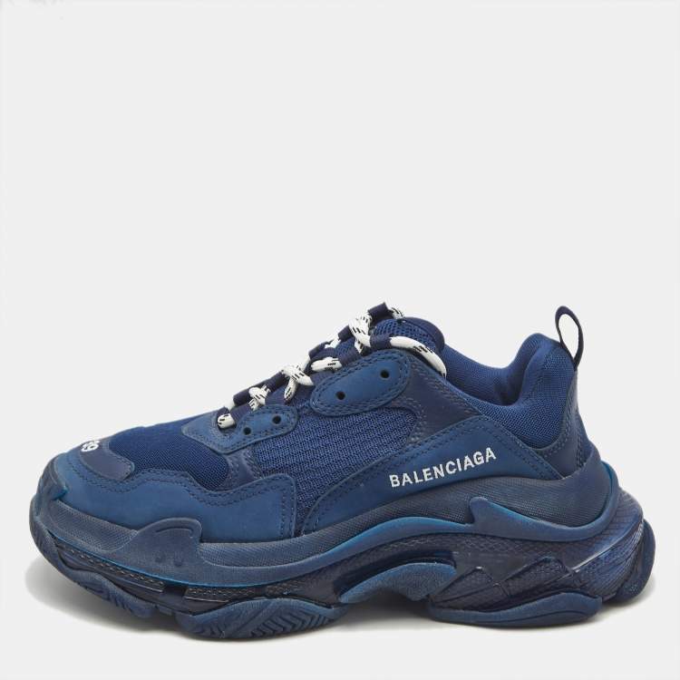 Pre Owned Balenciaga Blue Leather and Mesh Triple S Clear Sneakers Size 39