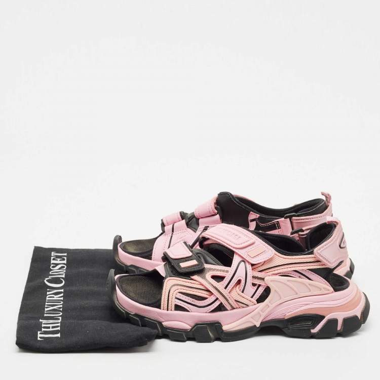 Pre Owned Balenciaga Pink/Black Rubber and Faux Leather Track Sandals Size 36