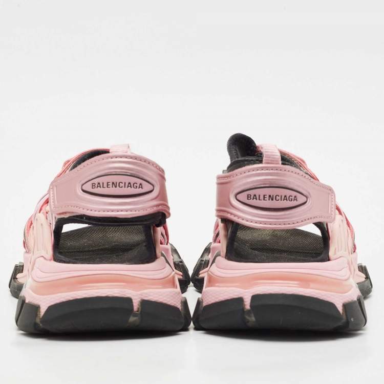 Pre Owned Balenciaga Pink/Black Rubber and Faux Leather Track Sandals Size 36