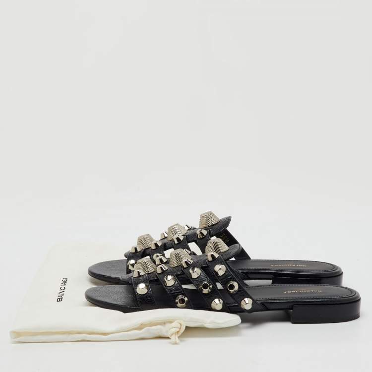 Pre Owned Balenciaga Black Studded Leather Arena Strappy Flat Slides Size 36.5