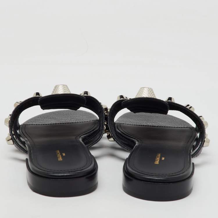 Pre Owned Balenciaga Black Studded Leather Arena Strappy Flat Slides Size 36.5