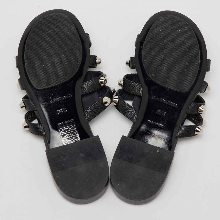 Pre Owned Balenciaga Black Studded Leather Arena Strappy Flat Slides Size 36.5